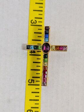 Vtg. 1998 P.S.C.O. Plainville Stock Co. Multi Color Rhinestone Cross Brooch Pin